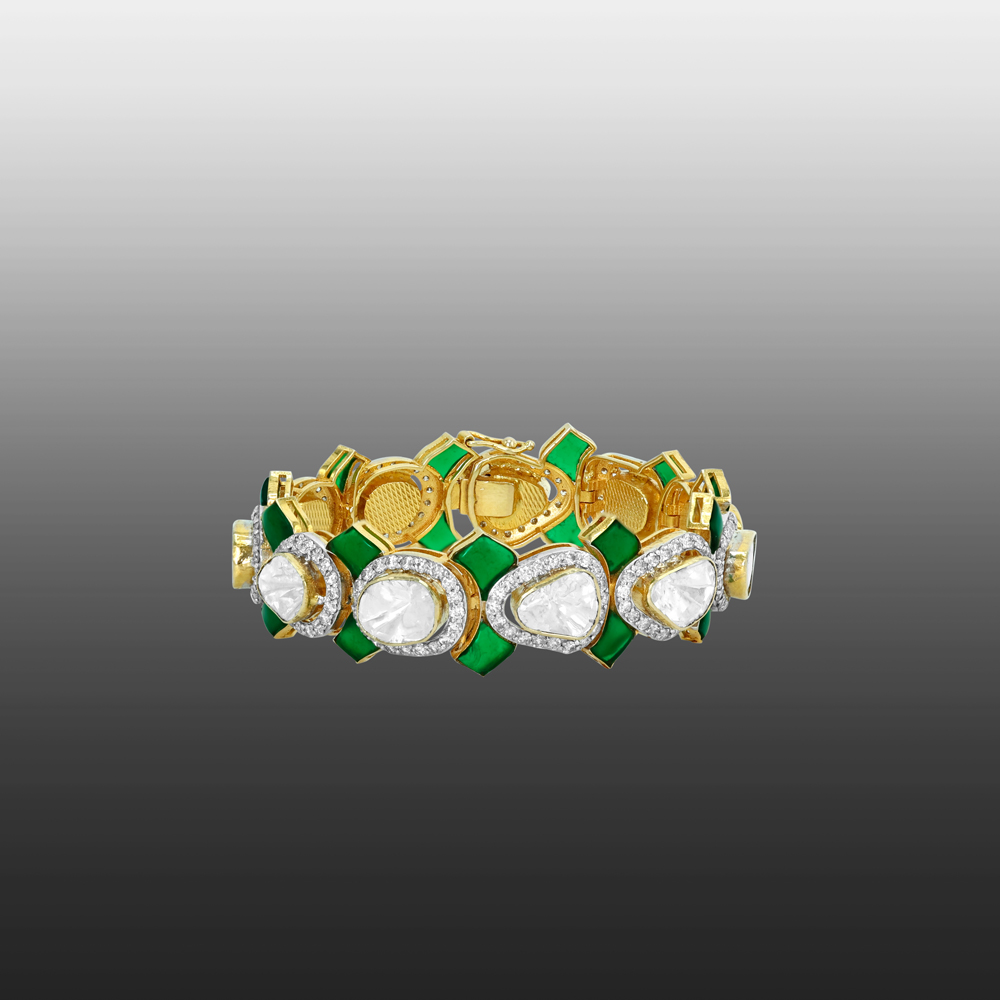 Polki and Green Stone Bracelet with Full-Cut Diamond Frames